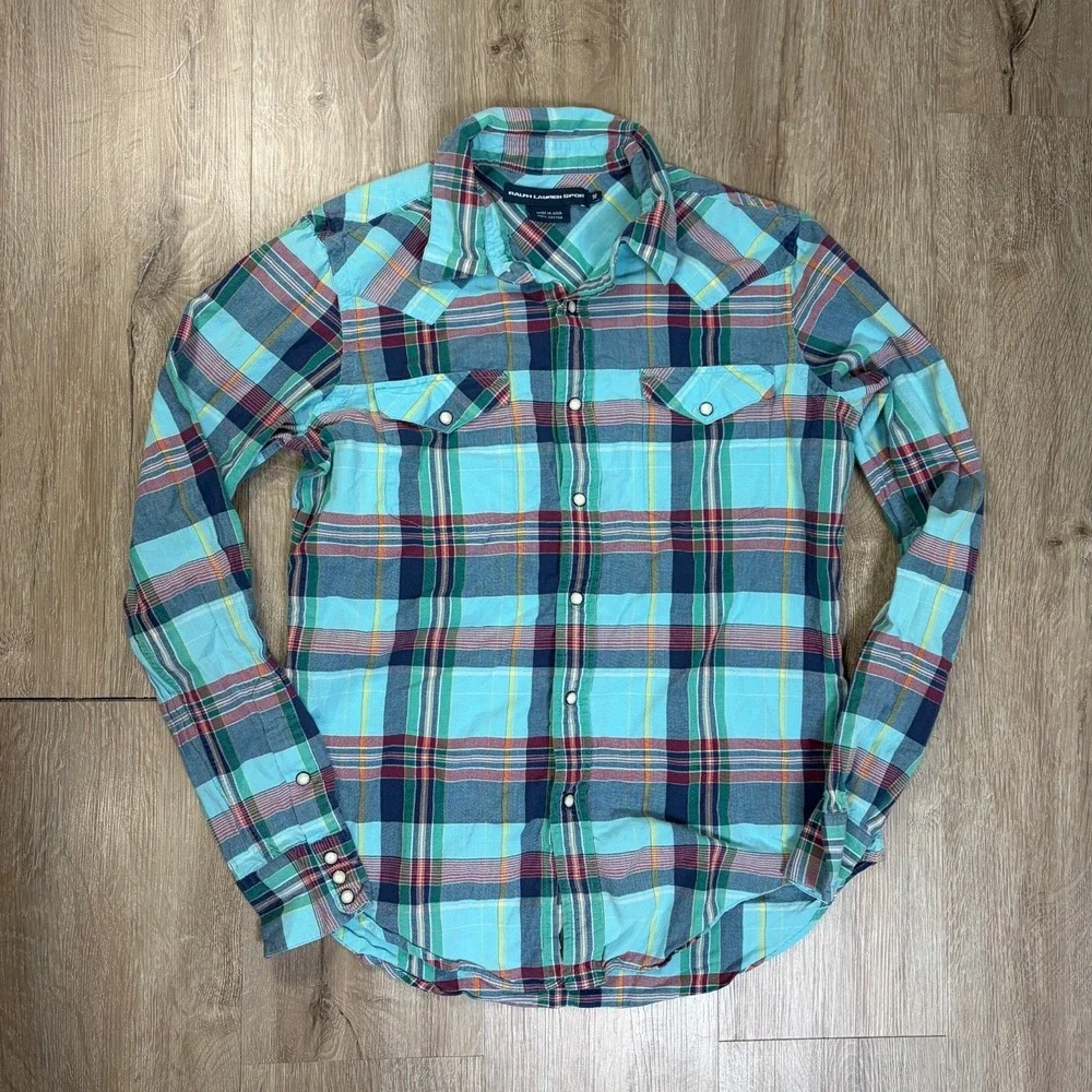 Ralph Lauren Sport Women's Plaid Pearl Snap Shirt Size 10 Blue 100% Cotton - Picture 1 of 8